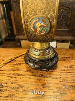 Large Antique Chinese Champleve Cloisonné Enamel Bronze Table Lamp