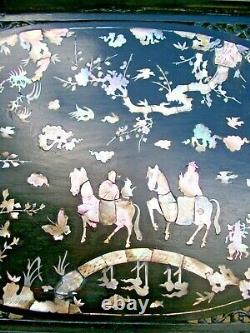Large Antique Chinese Ebonised Carved And Inlaid Hanging Wall Panel