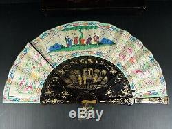 Large Antique Chinese Export Fan 1000 Faces & Original Lacquer Box Canton 1850