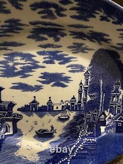 Large Antique Chinese Export Meat Platter Decorated Blue & White Harbour
