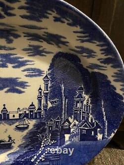 Large Antique Chinese Export Meat Platter Decorated Blue & White Harbour