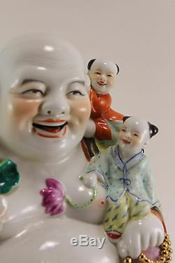 Large Antique Chinese Famille Rose Porcelain Laughing Buddha w. Kids Marked