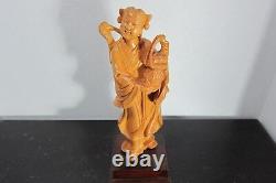 Large Antique Chinese Fine Carved Hardwood Female Figure On Stand, 20th Century