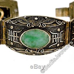 Large Antique Chinese Gilt Sterling Silver Oval Jade Filigree Statement Bracelet