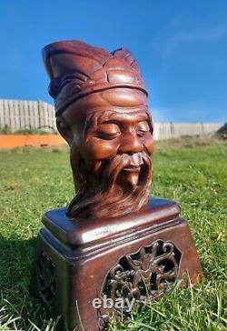 Large Antique Chinese Hardwood Carved Immortal Figurine on Pierced Wooden Stand