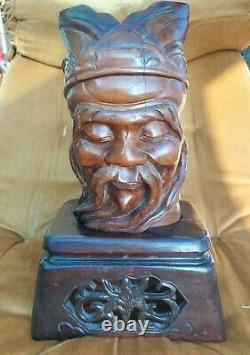 Large Antique Chinese Hardwood Carved Immortal Figurine on Pierced Wooden Stand
