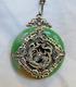 Large Antique Chinese Heavy Jade Bi Disc Pendant With Silver Metal Dragon & Pearl