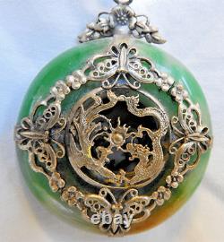 Large Antique Chinese Heavy Jade Bi Disc Pendant with Silver Metal Dragon & Pearl