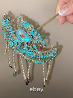 Large Antique Chinese Kingfisher Feather Hairpin 8