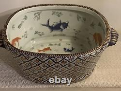 Large Antique Chinese Koi Fish Oval Foot Bowl Or Wash Bowl Beautiful & RARE