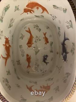 Large Antique Chinese Koi Fish Oval Foot Bowl Or Wash Bowl Beautiful & RARE