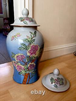 Large Antique Chinese Lidded Art Vase Cherry Blossom Bird Butterfly Spare Lid