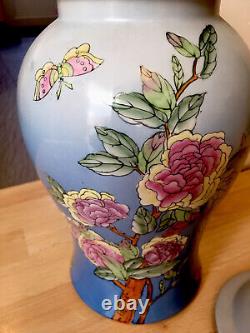 Large Antique Chinese Lidded Art Vase Cherry Blossom Bird Butterfly Spare Lid