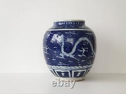 Large Antique Chinese Ming Blue & White Dragon & Phoenix Porcelain Guan Jar