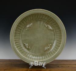 Large Antique Chinese Ming Longquan Celadon Glaze Molded Fish Porcelain Plate