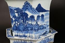 Large Antique Chinese Pair Blue & White Canton Planters Jardinieres 18thC 27cm