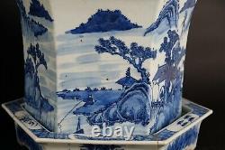 Large Antique Chinese Pair Blue & White Canton Planters Jardinieres 18thC 27cm