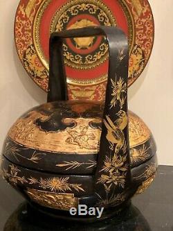 Large Antique Chinese Peranakan Straits Gilt Hand Painted Wedding Basket