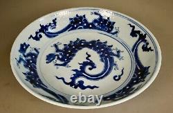 Large Antique Chinese Qing Dynasty Blue & White Porcelain Plate