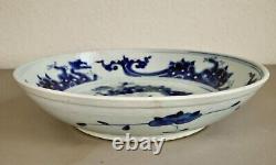 Large Antique Chinese Qing Dynasty Blue & White Porcelain Plate