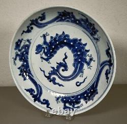 Large Antique Chinese Qing Dynasty Blue & White Porcelain Plate