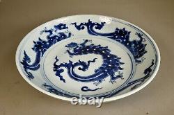 Large Antique Chinese Qing Dynasty Blue & White Porcelain Plate