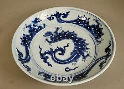 Large Antique Chinese Qing Dynasty Blue & White Porcelain Plate