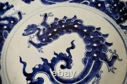 Large Antique Chinese Qing Dynasty Blue & White Porcelain Plate