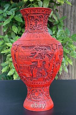 Large Antique Chinese Red Cinnabar Carved Vase Asian Village Scholars Landscape