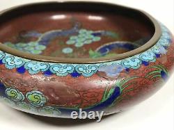 Large Antique Chinese Red Dragon Cloisonné Bowl Seal Mark To Base
