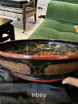 Large Antique Chinese Red Lacquered Wickerware Wooden Fruit Bowl Phoenix