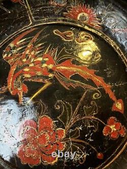 Large Antique Chinese Red Lacquered Wickerware Wooden Fruit Bowl Phoenix