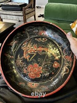 Large Antique Chinese Red Lacquered Wickerware Wooden Fruit Bowl Phoenix