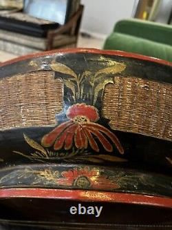 Large Antique Chinese Red Lacquered Wickerware Wooden Fruit Bowl Phoenix