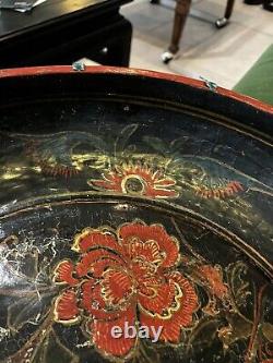 Large Antique Chinese Red Lacquered Wickerware Wooden Fruit Bowl Phoenix