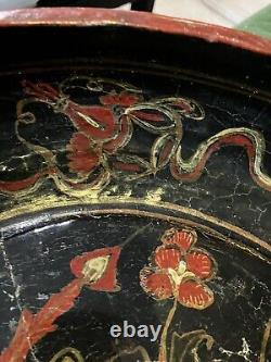 Large Antique Chinese Red Lacquered Wickerware Wooden Fruit Bowl Phoenix