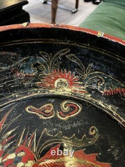 Large Antique Chinese Red Lacquered Wickerware Wooden Fruit Bowl Phoenix