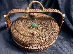 Large Antique Chinese Sewing Basket WithHandle Beads & Tassels