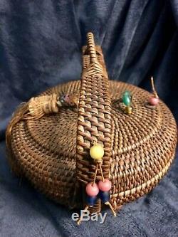 Large Antique Chinese Sewing Basket WithHandle Beads & Tassels