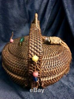 Large Antique Chinese Sewing Basket WithHandle Beads & Tassels