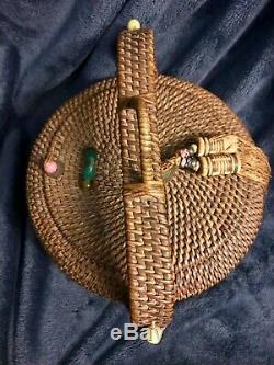 Large Antique Chinese Sewing Basket WithHandle Beads & Tassels