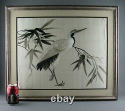 Large Antique Chinese Silk Embroidery Panel Picture Crane Stork Bird 1920s