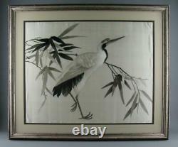 Large Antique Chinese Silk Embroidery Panel Picture Crane Stork Bird 1920s
