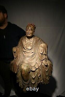 Large Antique Chinese Song To Ming Dynasty Wood Buddha Figure Of Bodhidharma