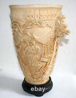 Large Antique Chinese Vase Cream Coloured Resin With Oriental Scenes 12