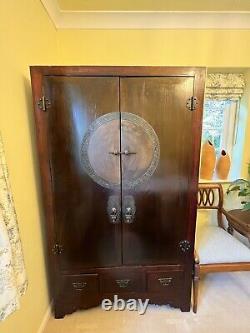 Large Antique Chinese Wardrobe/Cabinet Wood, Oriental Trim & Carvings