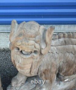 Large Antique Chinese Wood Carved Statue Sculpture of Fu Foo Dog Lion, 19th c