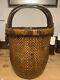 Large Antique Chinese Woven Rice Basket With Bent Bamboo Handle