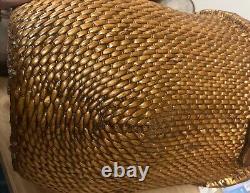 Large Antique Chinese woven rice basket with bent bamboo handle