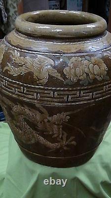 Large Antique Early 19c Chinese Dragons & Gooses Pottery Jar/vase Glazed